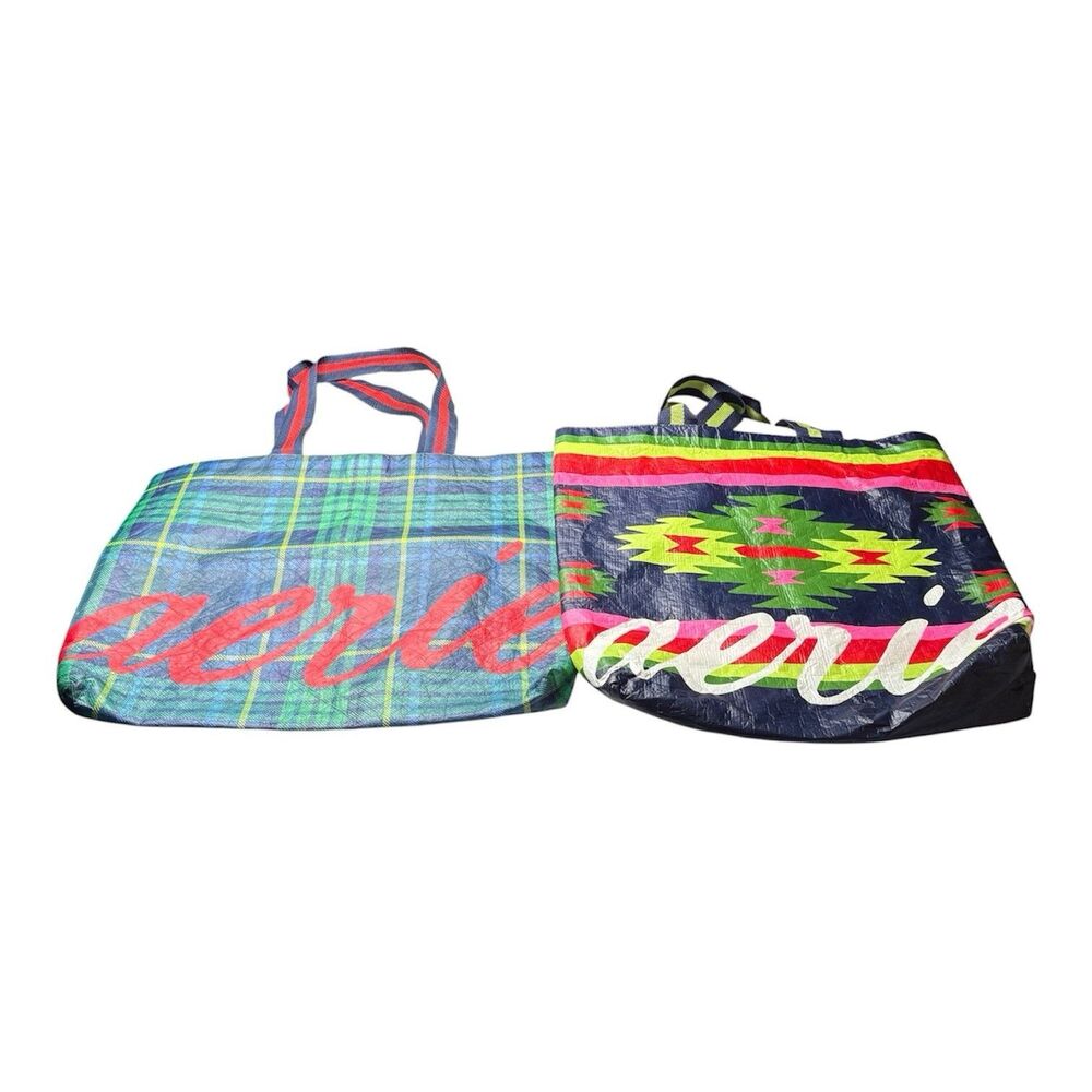 Lot of 2 American Eagle AE Aerie Reusable Shopping Tote Bag Carry Blue Plaid